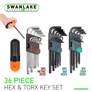 36PC Hex Key Allen Wrench Set Ball End Long Arm Industrial Grade SAE Metric Star - Picture 1 of 7