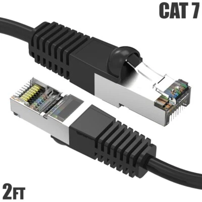 2FT Cat7 RJ45 Network LAN Ethernet SSTP Patch Cable Shielded Copper 600MHz Black - Image 1 of 4