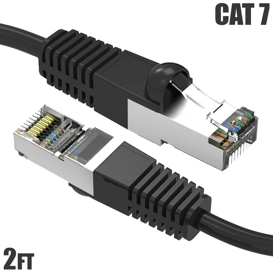 2FT Cat7 RJ45 Network LAN Ethernet SSTP Patch Cable Shielded Copper 600MHz Black - Image 1 of 4