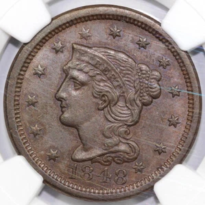 1848 1c N-6 Braided Hair Large Cent NGC MS 63 BN EX; ELLSWORTH - Picture 1 of 5