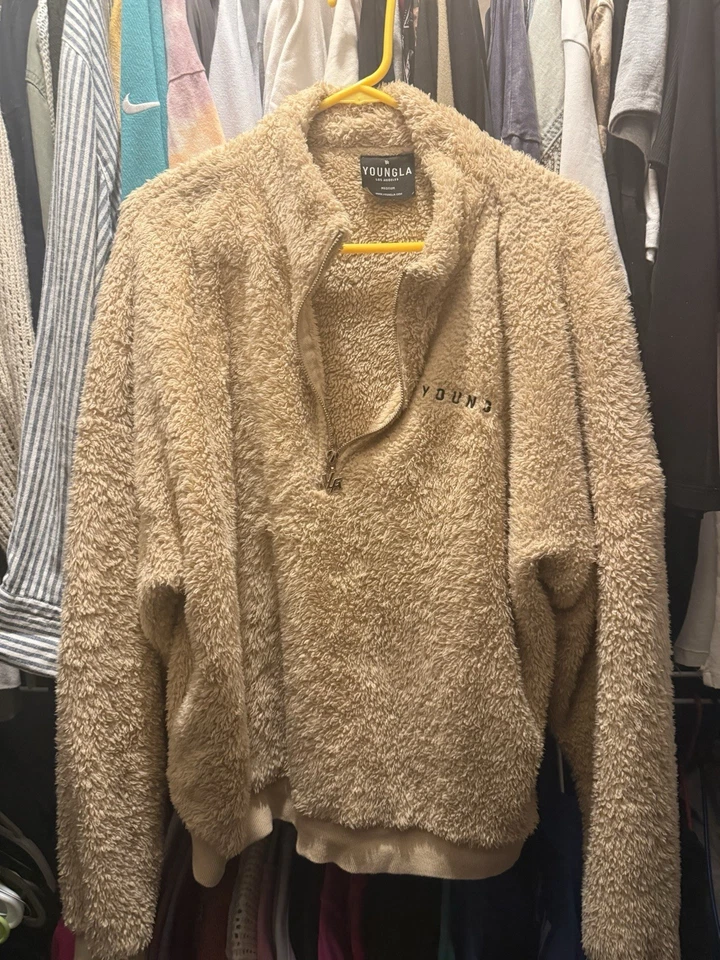 Youngla Jacket Mens M Beige Tan Teddy Fur Fleece Pullover 1/4 Quarter Zip - Image 1 of 1