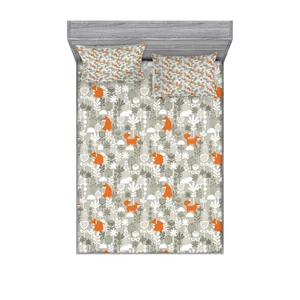 Fox Fitted Sheet & Pillow Sham Set, Fox in The Winter Forest Abstract Cartoon... - Bild 1 von 3