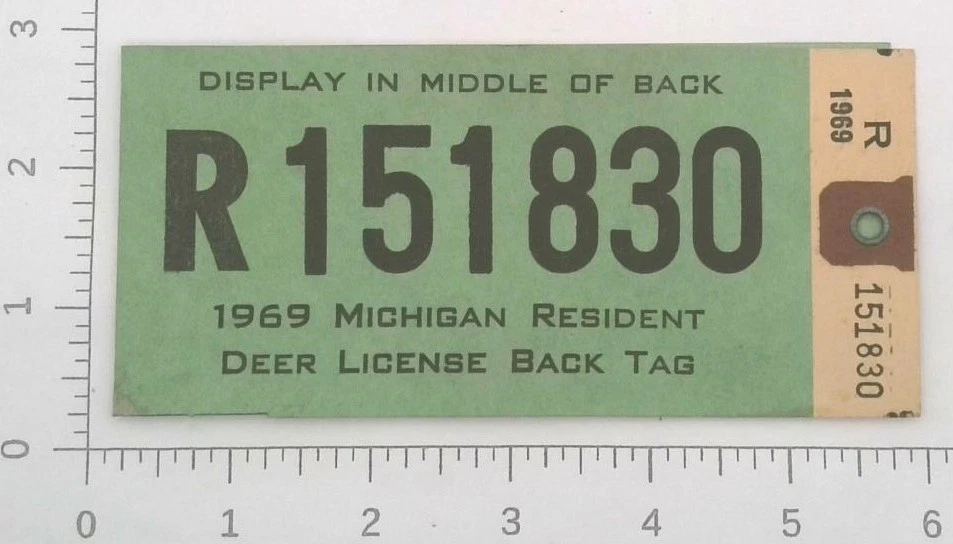 Etiqueta trasera de licencia de caza de ciervos residentes de Michigan 1969 Foto 1 de 1