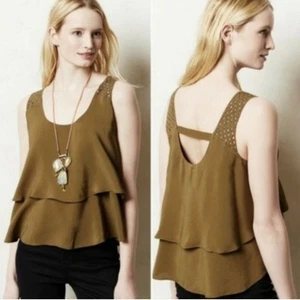 Anthropologie Tiered Tank Top Olive Green Sleeveless Crop Tank Top Crochet Trim - Picture 1 of 11
