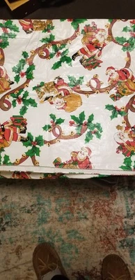 Vintage Christmas Vinyl Flannel Back Oblong Tablecloth approx 48x68 Santa &Holly - Image 1 of 2