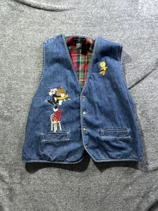 Vintage Looney Tunes Vest Mens XXL Blue Denim Sylvester Tweety Plaid 90s - Picture 1 of 5