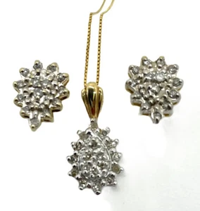 10k Yellow Gold Diamond Cluster Pendant Earrings Jewelery Set 3.5 Grams - Picture 1 of 7