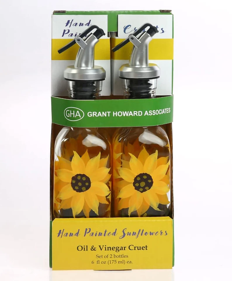 Hand Painted Mini Oil and Vinegar Glass Cruet with Pourer 2 Set Yellow Sunflo... - Image 1 of 1