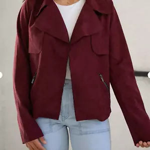 Kut From The Kloth Women's Maroon Red Faux Suede Moto Open Jacket Pockets Medium - Picture 1 of 14