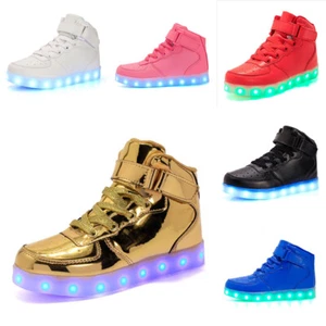 Trainers Sneakers High Top USB Light Up Kids Boys Flat Luminous Unisex Shoes LED - Picture 1 of 32