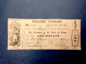 ~1862 Texas $1 One Dollar Confederate Civil War Military Service Warrant - CR 1 - Picture 1 of 2