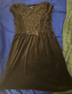 Girls Black Simple Holiday Party Dress George Velour Sequins Bow Size XL 14/16 - Image 1 of 2