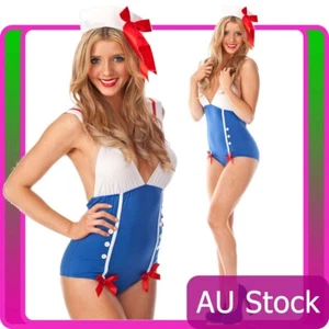 Ladies Sailor Uniform Navy Costume 50s Rockabilly Pin Up Fancy Dress Up & Hat - Picture 1 of 5