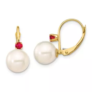 Jewelry Women's Earrings 14K White Round FWC Pearl and Ruby Leverback, 8-8.5mm - Picture 1 of 2