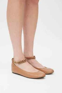 Lanvin Goldtone Cadena Tobillo Correa Desnudo Bronceado Beige Marrón Cuero Ballet Planos Talla 8US/IT38.5 - Imagen 1 de 24
