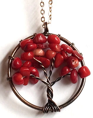 Red Coral Gemstone Chip Tree of Life Necklace 20" Celtic Rose Gold Copper Plated - Image 1 of 4