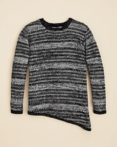 Aqua Girls' Sequin Stripe Asymmetric Hem Pullover Sweater, Black/Gray, Medium M - Picture 1 of 1