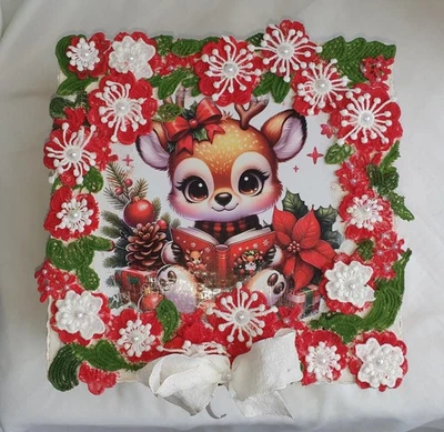 Jewelry box, hand made. Christmas gift with cute reindeer, lace & pearls - Image 1 of 3