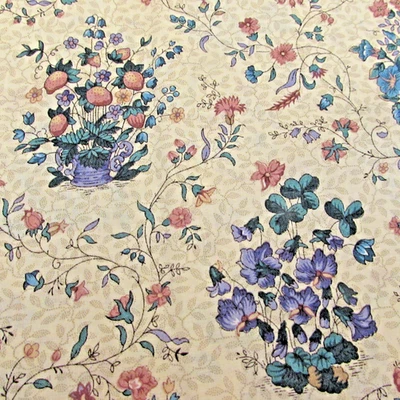 VTG Joan Messmore Teal Tan Blue  Floral  Cranston Cotton Quilt Fabric 2yd x44 - Image 1 of 4