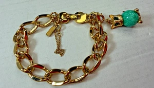 Vintage Armband Monet breite Kette Anhänger grüne Katze Baumeln signiert - Bild 1 von 4