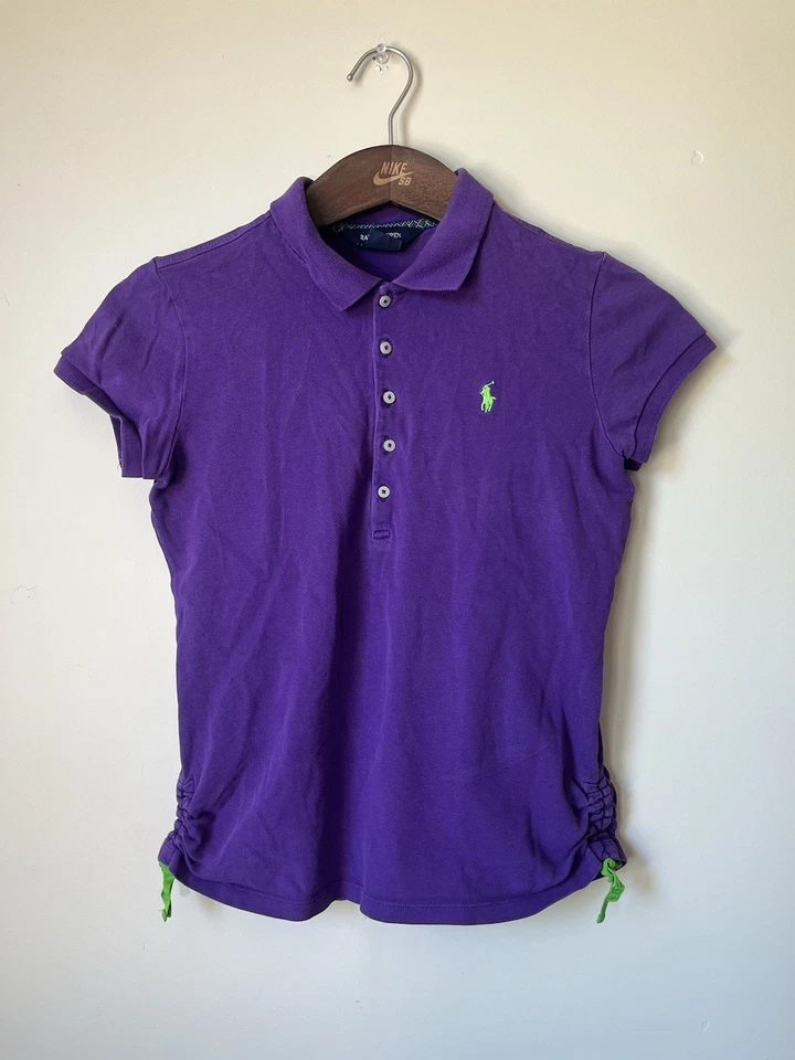 女孩 Polo Ralph Lauren 紫色/绿色条纹 Polo 纽扣衬衫 尺寸 16 XL  — 第 1/4 张图片