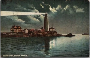 Vintage 1910s BOSTON HARBOR, Massachusetts Postcard LIGHT HOUSE Night Scene - Picture 1 of 2