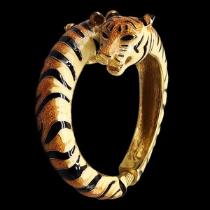 KJL Kenneth Jay Lane Tiger Head Clamper Bracelet Orange Black Enamel Gold Tone - Picture 1 of 8