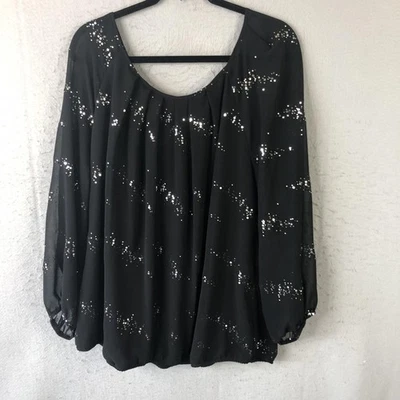 Valerie Stevens Blouse Womens 2X Black Sequin Sheer Lined Sparkle Christmas - Image 1 of 4