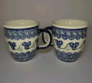Polish Pottery Mugs Pair Three Sisters Mars Manufaktura Handmade Boleslawiec EUC - Picture 1 of 13
