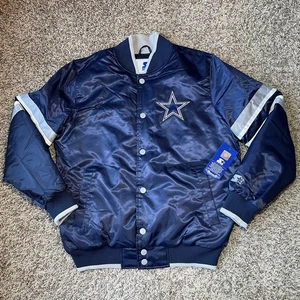 Starter Dallas Cowboys Satin Jacket Mens Size Medium Varsity Blue Snap Button - Picture 1 of 13
