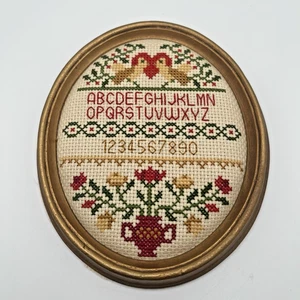 VTG Oval Framed Handmade Needlepoint Cross-stitch Flowers Alphabet Love Birds - Picture 1 of 8