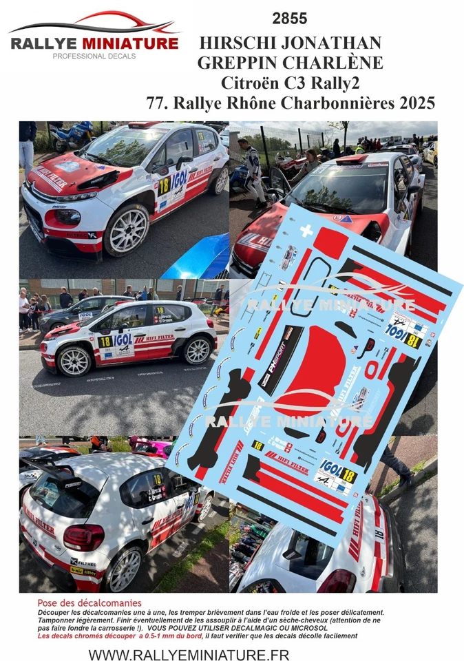 DECALS 1/24 REF 2855 Citroën C3 Rally2 Hirschi  Rallye Rhône Charbonnières 2025 - Photo 1/1
