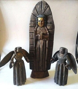 Black & Gold Madonna w/Angels hand carved an painted 18in tall - Picture 1 of 5