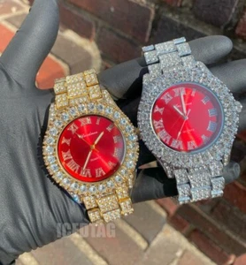 Luxury Hip Hop Cubic Zirconia Bling Iced Gold Plated Alloy Red Dial Wrist Watch - Picture 1 of 12