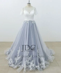 Farbig Blau Ivory Spitze Brautkleid Wedding Dress m.Ärmel Perlen Knöpfe Schleife - Bild 1 von 8
