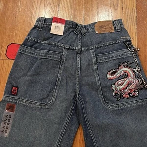 Rare JNCO Jeans Red Dragon Y2K Wide Leg Baggy With Pant Chain Vtg 90s Size 20 - Picture 1 of 9