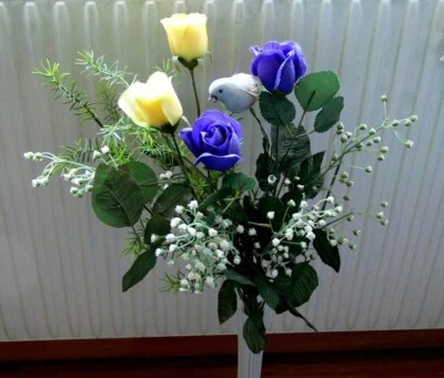 Rosen, gelb + violett, weißes Schleierkraut + grüner Asperagus unechter Strauß - Bild 1 von 2