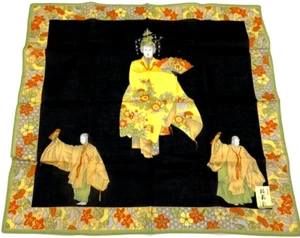 Vintage Japanese Silk Handkerchief - Geisha Scene - Black with Floral - CIOS - Picture 1 of 3