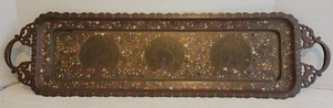 VINTAGE BRASS 3 PEACOCK FLORAL RECTANGLE ETCHED TRAY INDIA ENAMEL? NICE 29" X 8" - Picture 1 of 10
