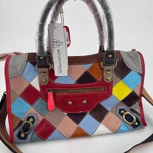 HESHE WOMENS Multicolor Leather Patchwork Zip Close Shoulder Bag Purse - NWT - Picture 1 of 24