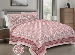 Loom N Bloom Jaipuri Hand Screen Print Cotton 1 Bedsheet 2 Pillowcover "90x108" - Picture 1 of 5