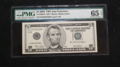 2003 SAN FRANCISCO Five Dollar PMG GEM UNC 65 EPQ Fed Reserve STAR NOTE $5 BILL! - Image 1 of 4