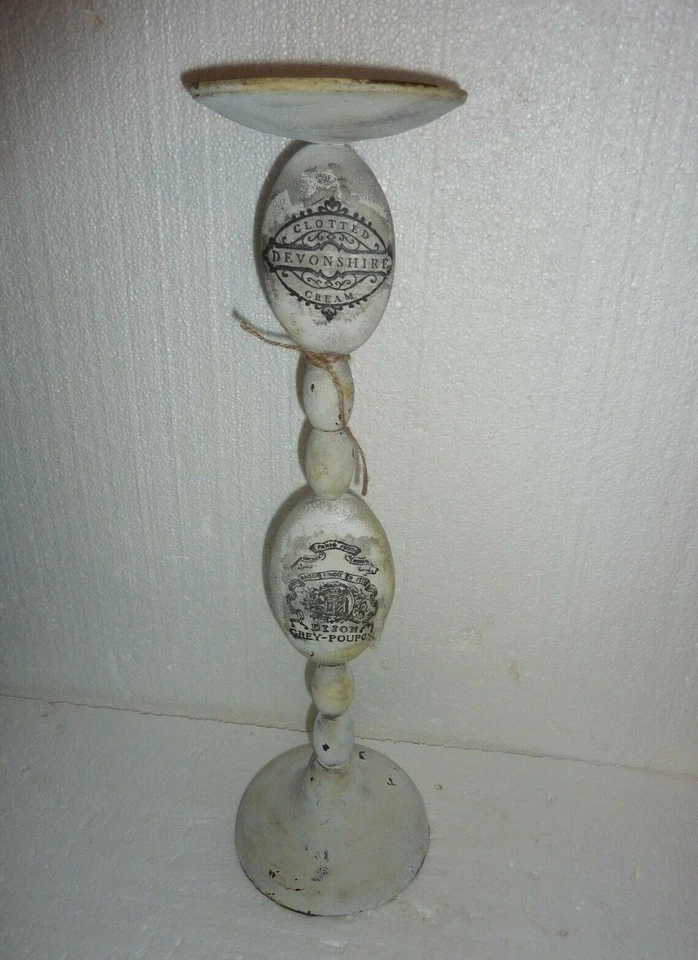 Large Country Primitive Naive Metal Candle Holder Devonshire Cream & Grey Poupon - Image 1 of 4