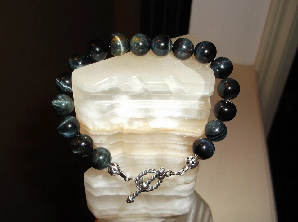 PULSERA HOMBRE HECHA A MANO 8 1/2" 10 MM OJO DE TIGRE AZUL PLATA ESTERLINA CUENTAS Foto 1 de 1