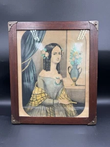 Antike Kelloggs & Comstock handkolorierte Lithographie Portrait junge Frau Fan Vas - Bild 1 von 11