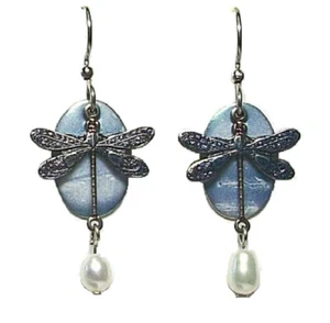 New Silver Forest Jewelry Dragonfly on Blue Enamel Ovals & Bead Dangle Earrings - Picture 1 of 1