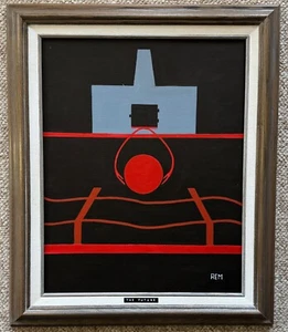 Vintage Geometric Surreal Abstract Painting Art Wall Hanging Signed REM Menges - Picture 1 of 11