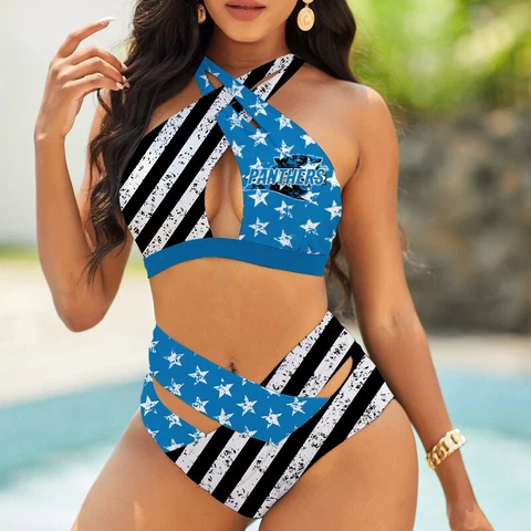 Carolina Panthers Swimsuit Butt Lift Bikini Set Halter Neck Cutout Swimwear Cover