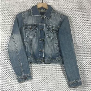 Wet Seal Semi Cropped 100% Cotton Denim Jacket Large In Light Medium Wash 2000s - Picture 1 of 8