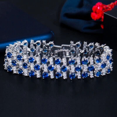 Brazalete brazalete envolvente ancho grande de circonita cúbica azul de 3 filas para mujer boda fiesta Foto 1 de 4